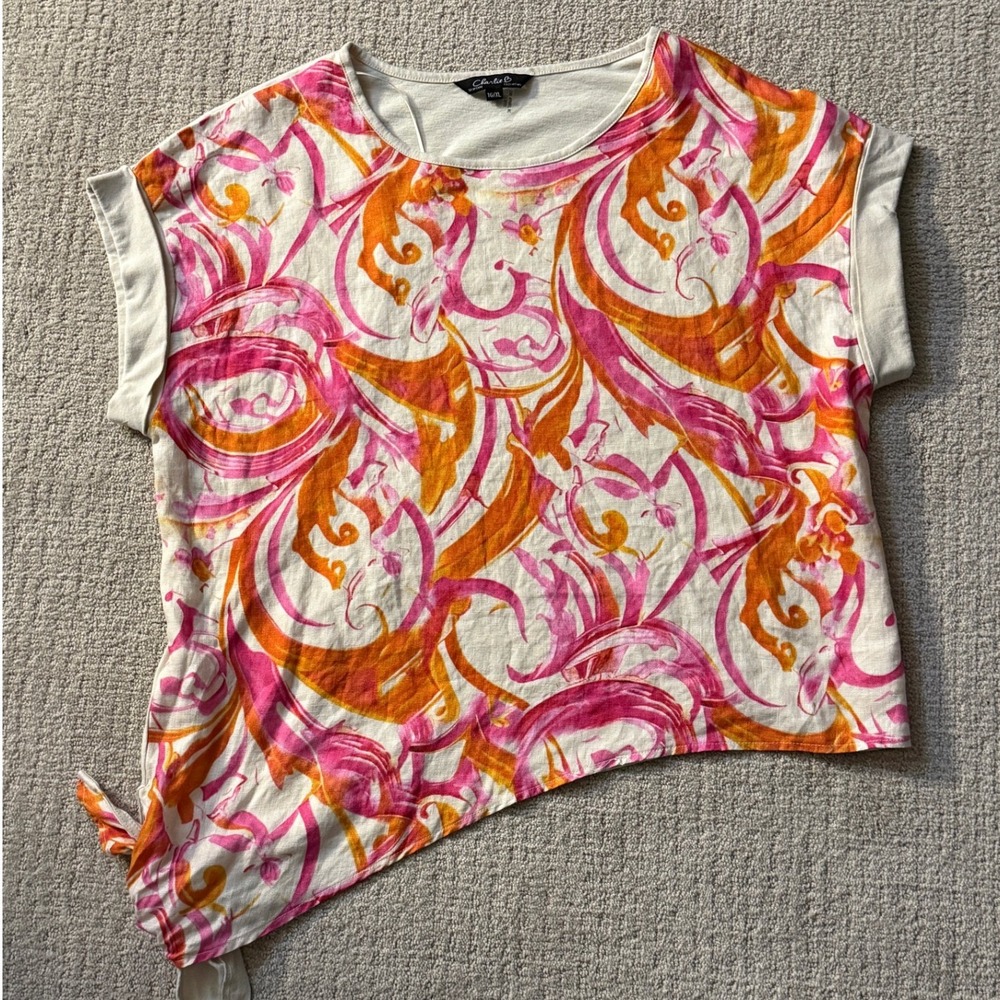 Charlie B Abstract Print Top Tie Detail‎ Short Sleeve Blouse TG/XL